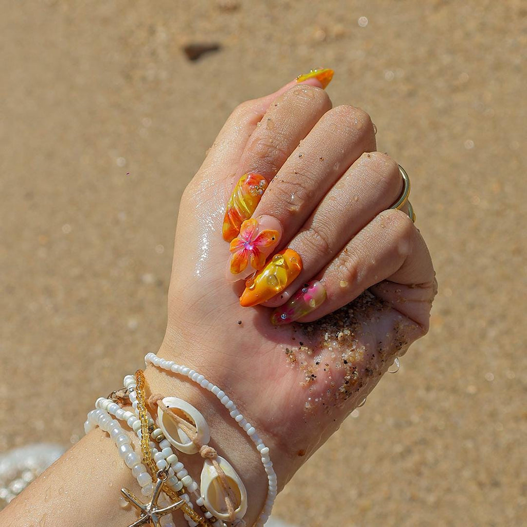 Summer Press On Nails Citrus Bloom with Tropical Florals | 3D Fake Nail in Medium Almond | Handmade Nail Art for Holiday, Vacation, Birthday