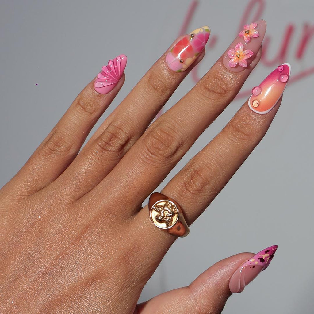 Summer Press On Nails with 3D Pink Flowers and Tropical Ombre Design, Meidum Almond Fake Nails for Vacation or Beach Holiday, Gift for Her