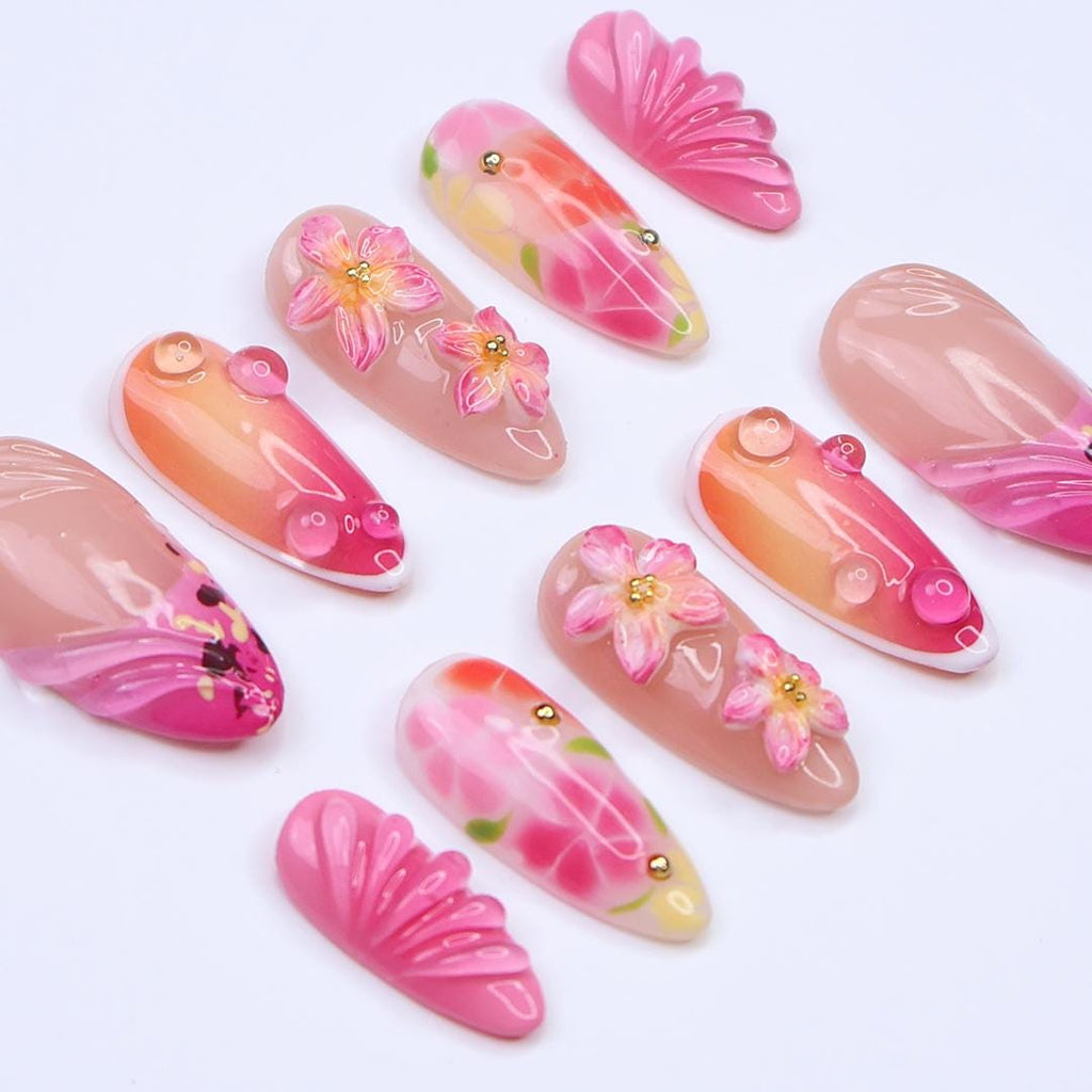 Summer Press On Nails with 3D Pink Flowers and Tropical Ombre Design, Meidum Almond Fake Nails for Vacation or Beach Holiday, Gift for Her