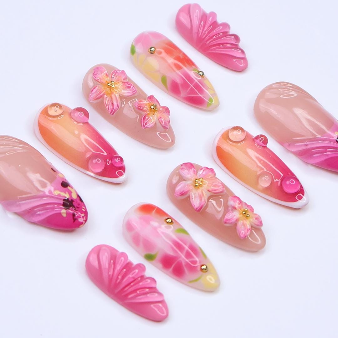 Summer Press On Nails with 3D Pink Flowers and Tropical Ombre Design, Meidum Almond Fake Nails for Vacation or Beach Holiday, Gift for Her