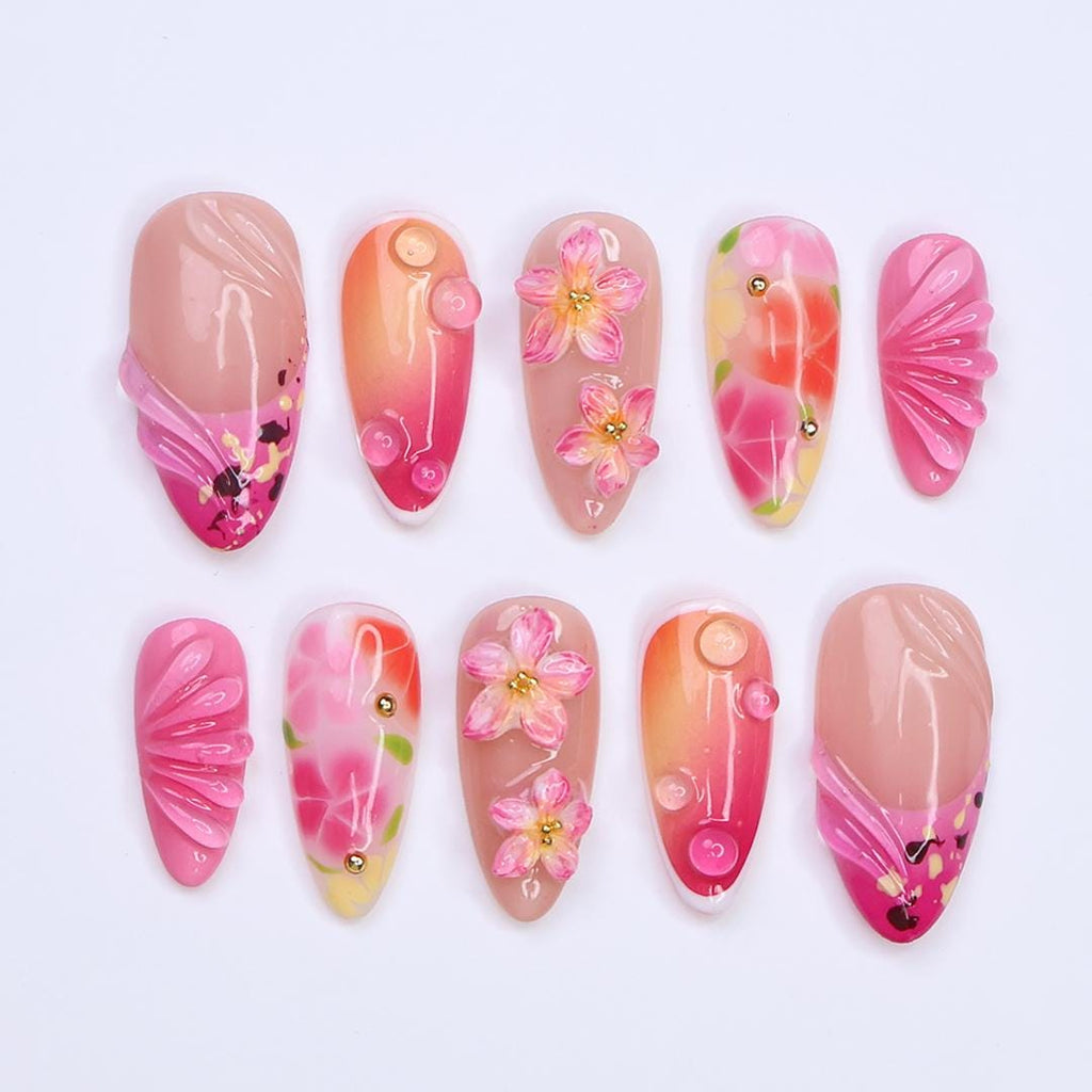 Summer Press On Nails with 3D Pink Flowers and Tropical Ombre Design, Meidum Almond Fake Nails for Vacation or Beach Holiday, Gift for Her