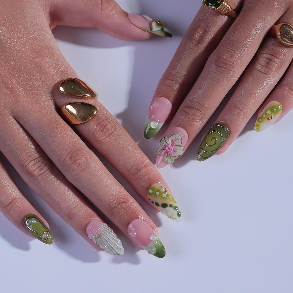 Summer Press on Nail with Green Orchid & Silver Chrome Art | 3D Fake Nail in Medium Almond | Handmade Nail for Holiday, Vacation, Birthday