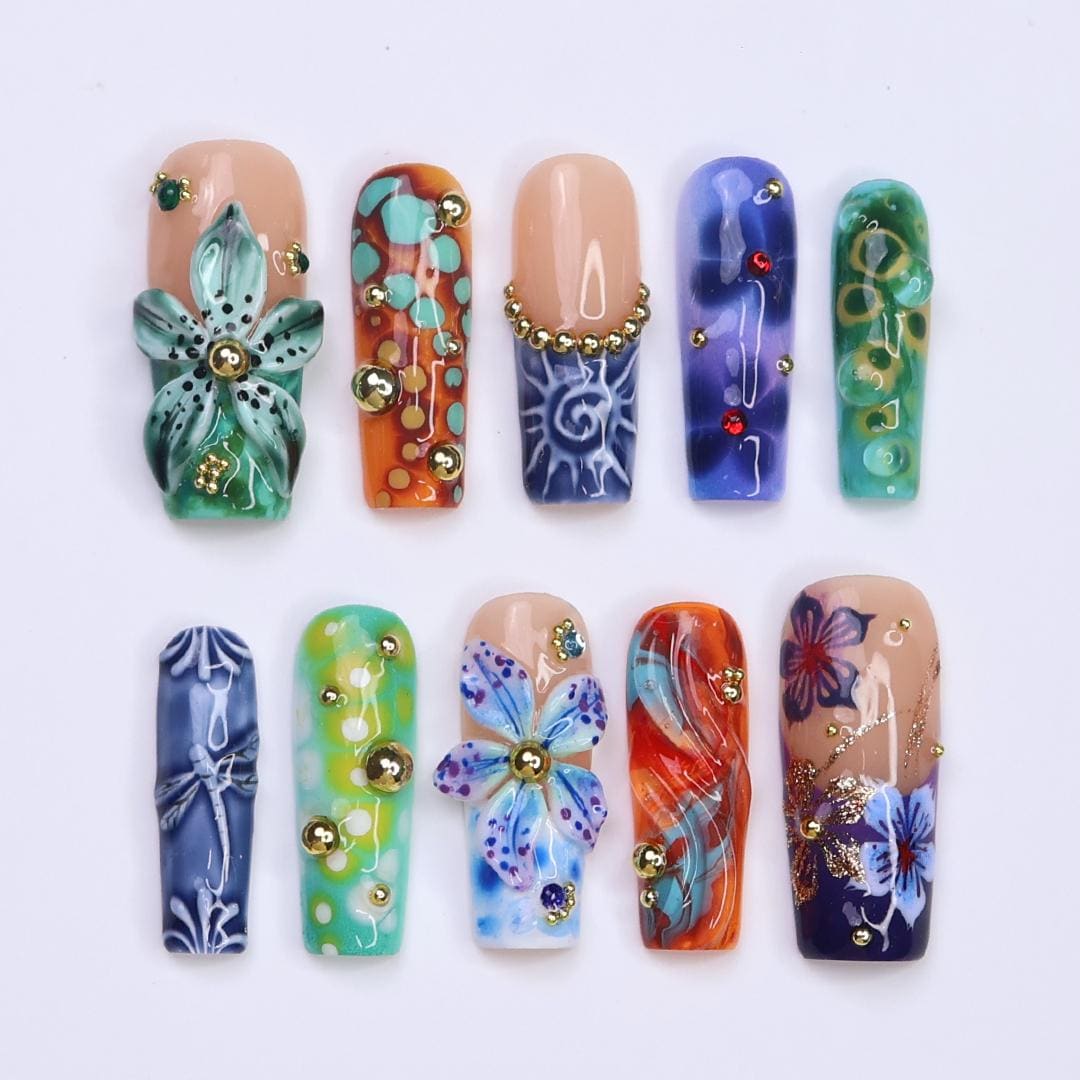 Summer Press on Nails with Abstract Print in Long Square, 3D Midnight Blue Fake Nail Art, Handmade Press-0ns for Holiday, Vacation, Birthday