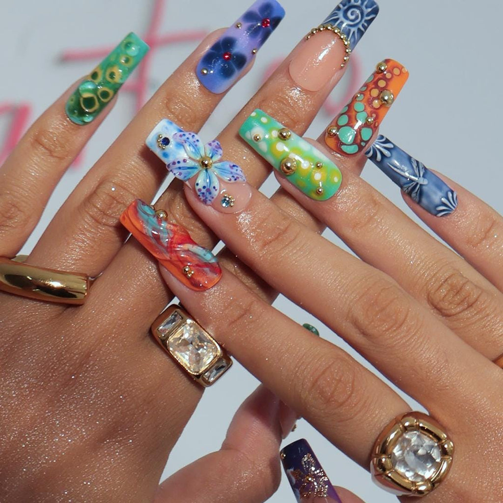 Summer Press on Nails with Abstract Print in Long Square, 3D Midnight Blue Fake Nail Art, Handmade Press-0ns for Holiday, Vacation, Birthday