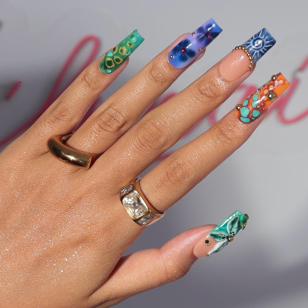 Summer Press on Nails with Abstract Print in Long Square, 3D Midnight Blue Fake Nail Art, Handmade Press-0ns for Holiday, Vacation, Birthday