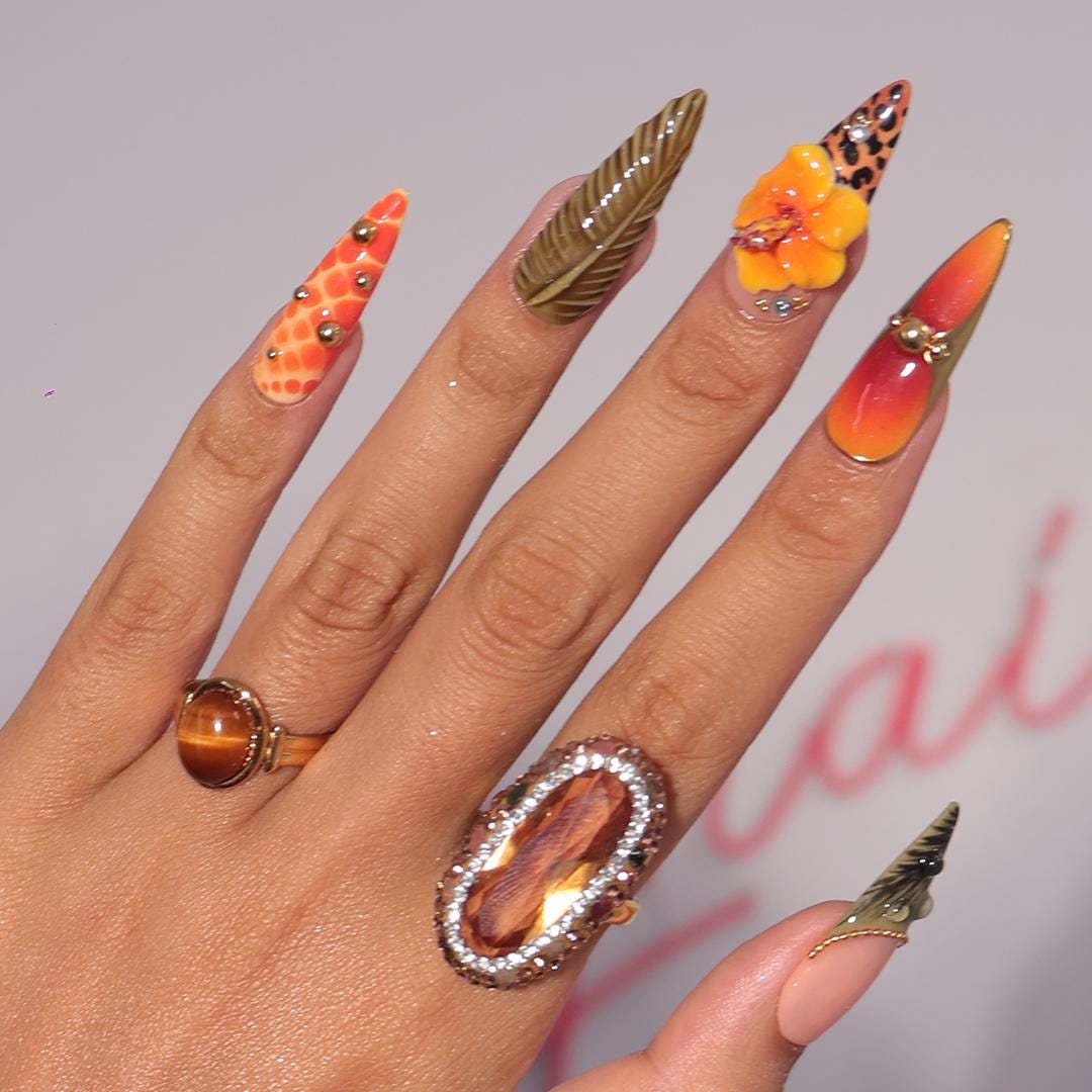 Summer Press on Nail with Papaya & Leopard Animal Print | Long Almond 3D Hibiscus Fake Nail | Handmade Summer Nail for Holiday, Vacation