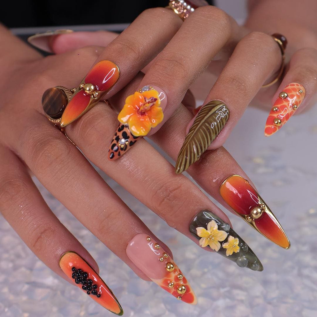 Summer Press on Nail with Papaya & Leopard Animal Print | Long Almond 3D Hibiscus Fake Nail | Handmade Summer Nail for Holiday, Vacation