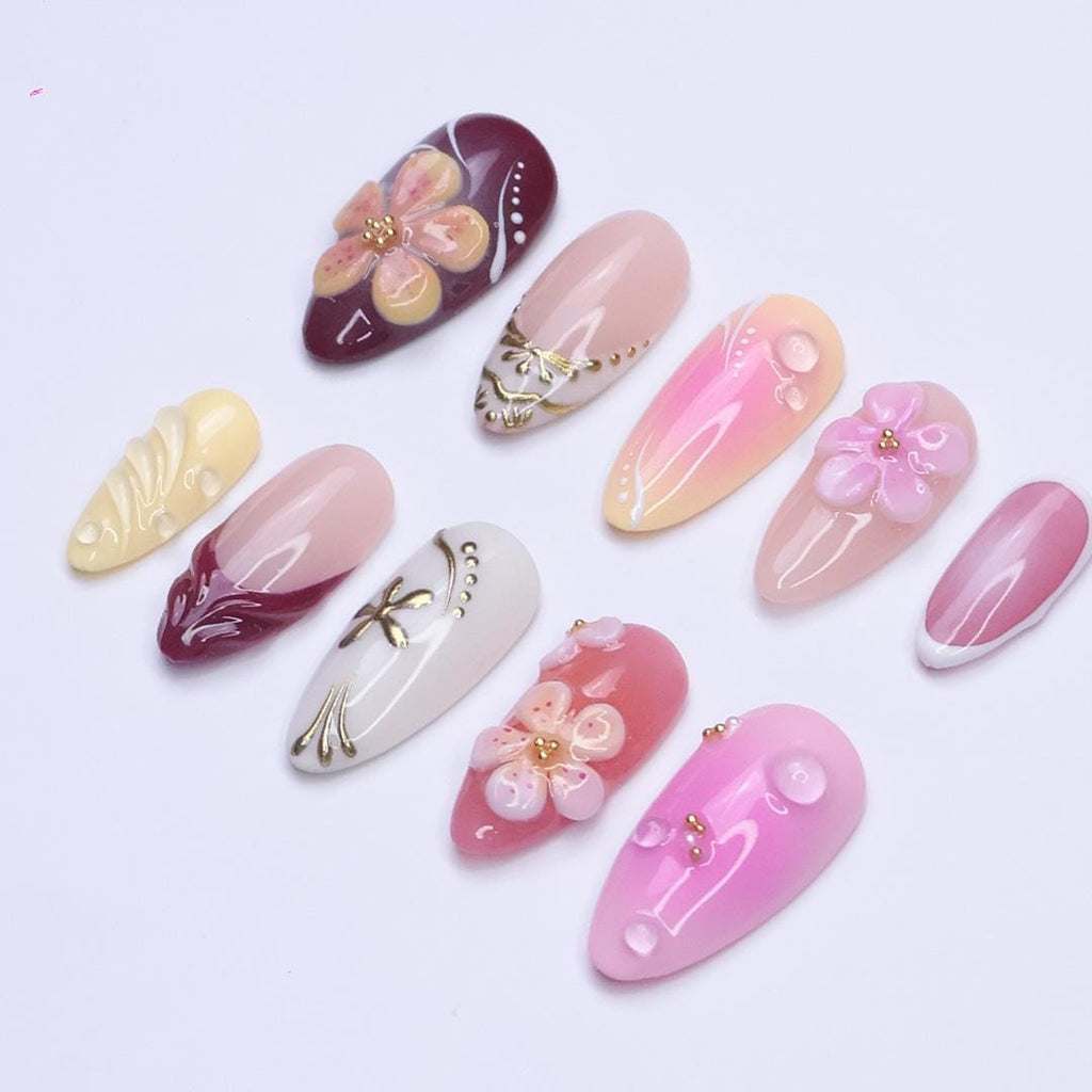 Summer Press On Nails with 3D Flowers and Gold Details, Medium Almond Ombre Pink Fake Nails for Beach Holiday or Vacation Look, Gift for Her