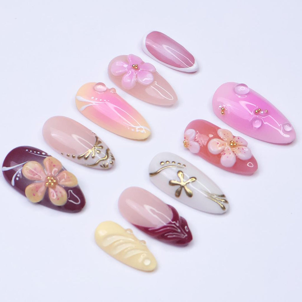 Summer Press On Nails with 3D Flowers and Gold Details, Medium Almond Ombre Pink Fake Nails for Beach Holiday or Vacation Look, Gift for Her