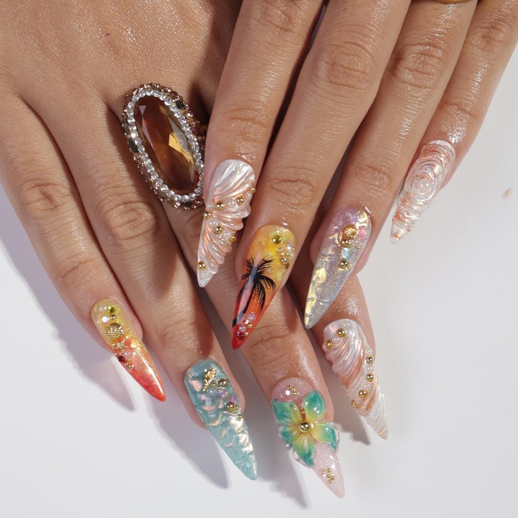 Summer Press on Nails with Mermaid & Palm Tree | Tropical 3D Fake Nail Art in Long Almond | Handmade Nail for Holiday, Vacation, Birthday