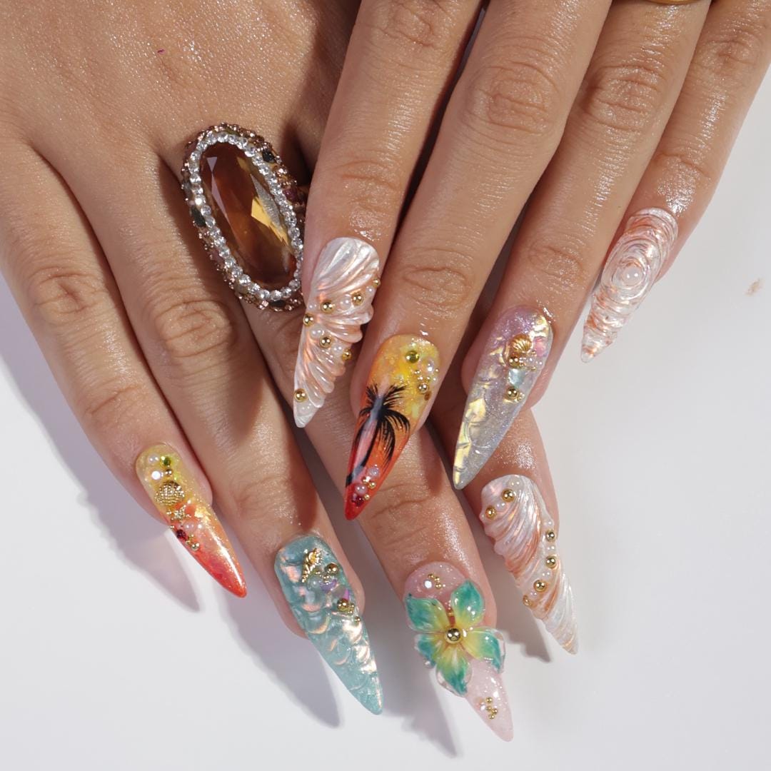 Summer Press on Nails with Mermaid & Palm Tree | Tropical 3D Fake Nail Art in Long Almond | Handmade Nail for Holiday, Vacation, Birthday