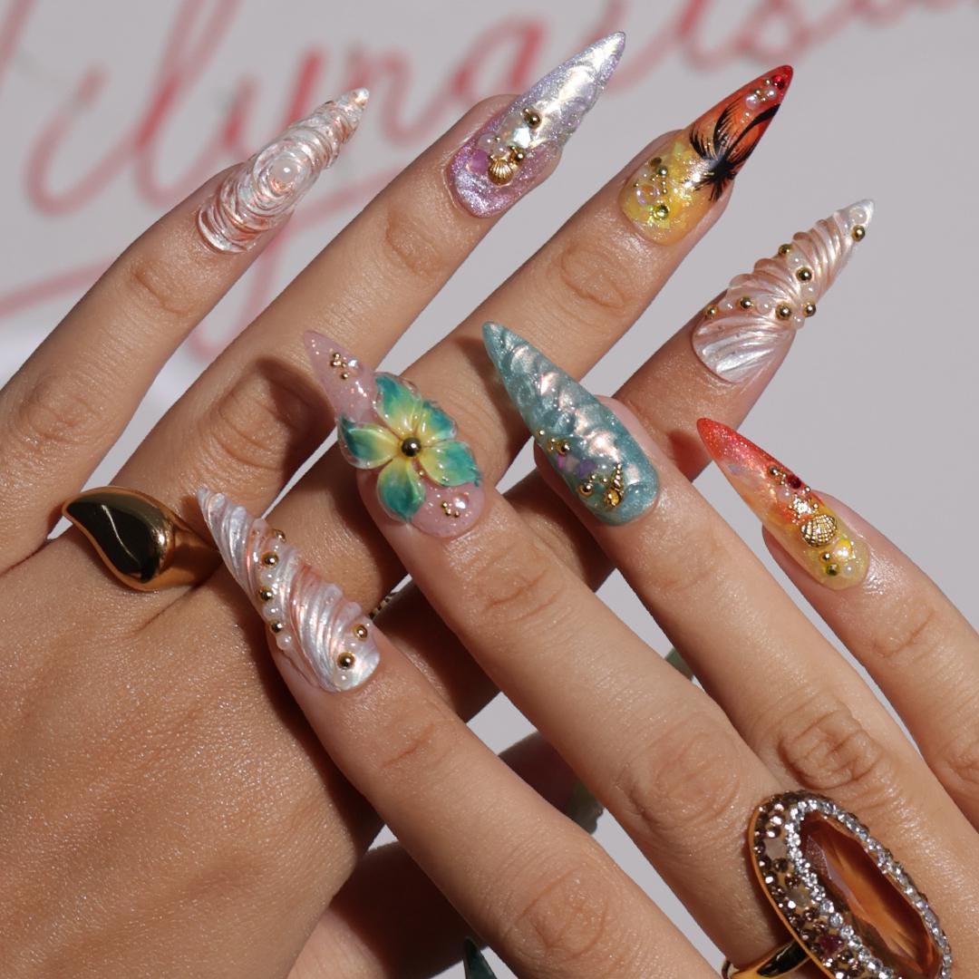 Summer Press on Nails with Mermaid & Palm Tree | Tropical 3D Fake Nail Art in Long Almond | Handmade Nail for Holiday, Vacation, Birthday