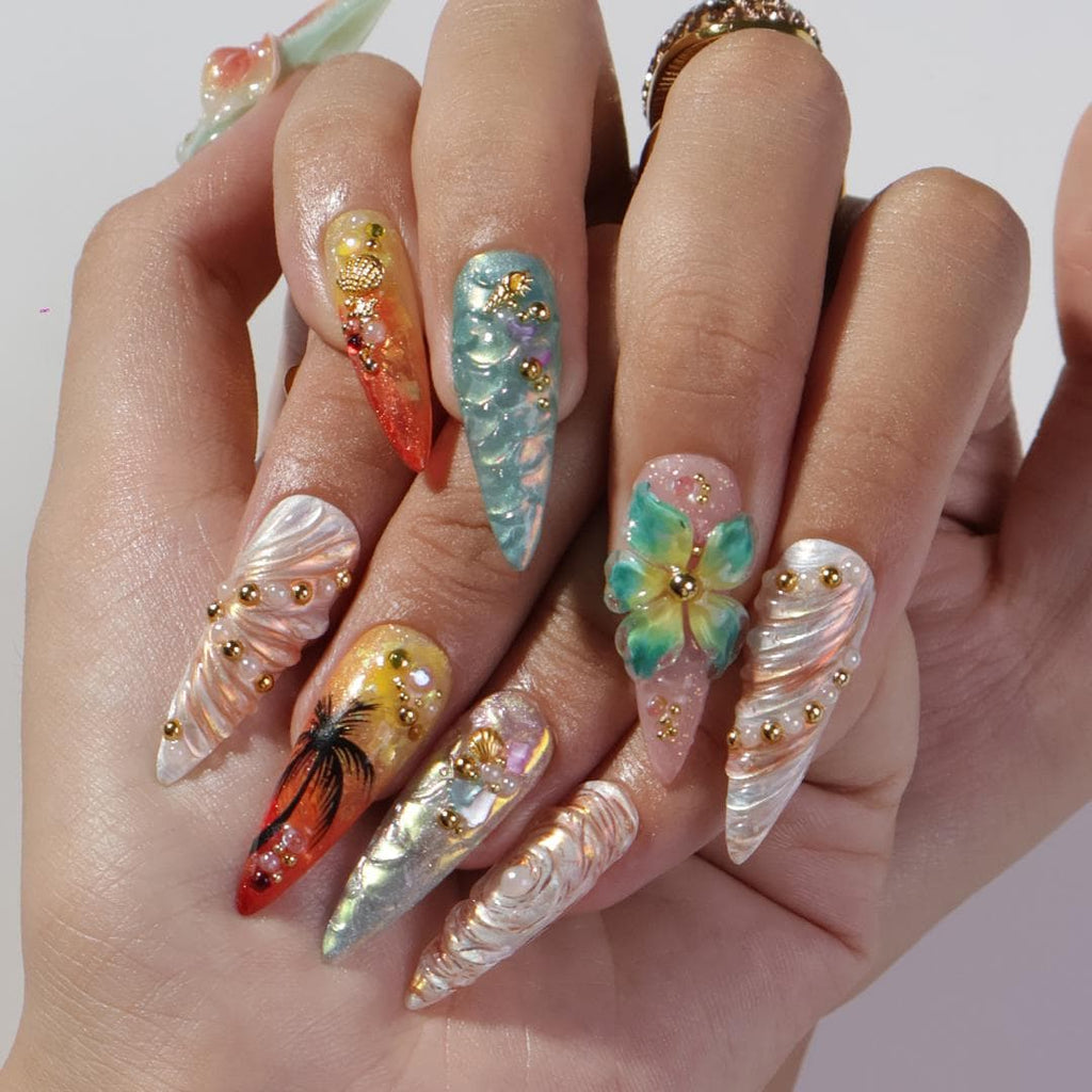 Summer Press on Nails with Mermaid & Palm Tree | Tropical 3D Fake Nail Art in Long Almond | Handmade Nail for Holiday, Vacation, Birthday