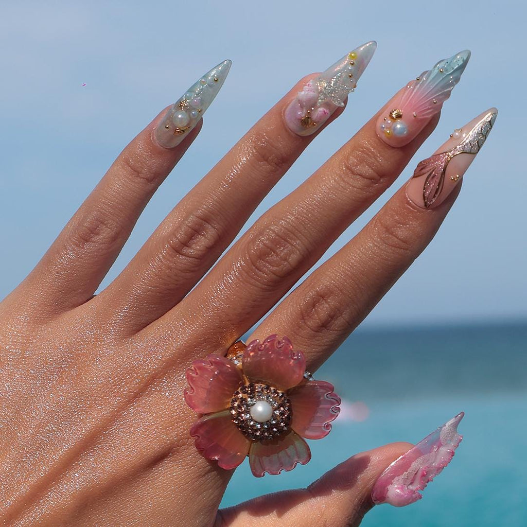 Summer Press on Nail with Mermaid & Jellyfish, 3D Ocean Inspo Fake Nail in Long Almond ,Handmade Beach Nail for Holiday, Vacation, Birthday