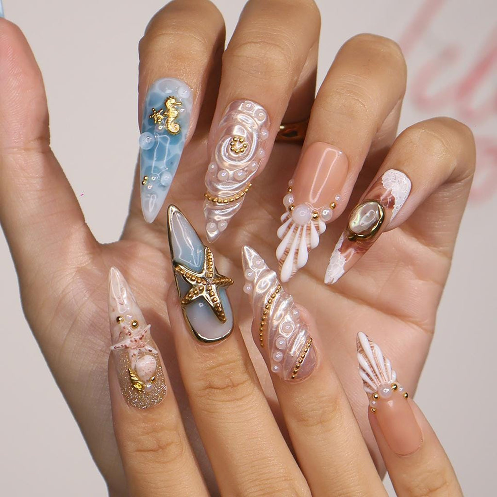 Summer Press on Nail with 3D Turtle & Starfish | Ocean Inspired Fake Nail in Long Almond | Handmade Nail Art for Holiday, Vacation, Birthday