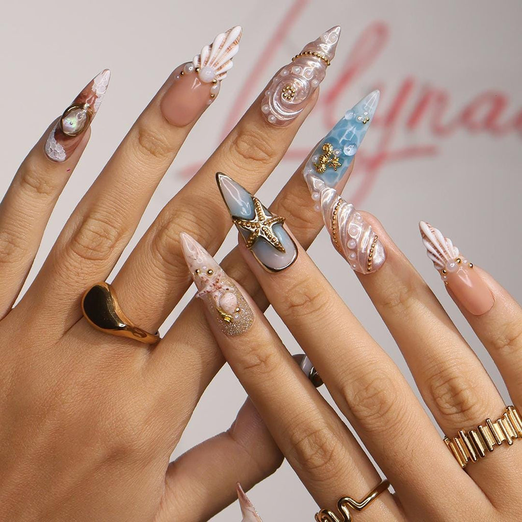 Summer Press on Nail with 3D Turtle & Starfish | Ocean Inspired Fake Nail in Long Almond | Handmade Nail Art for Holiday, Vacation, Birthday