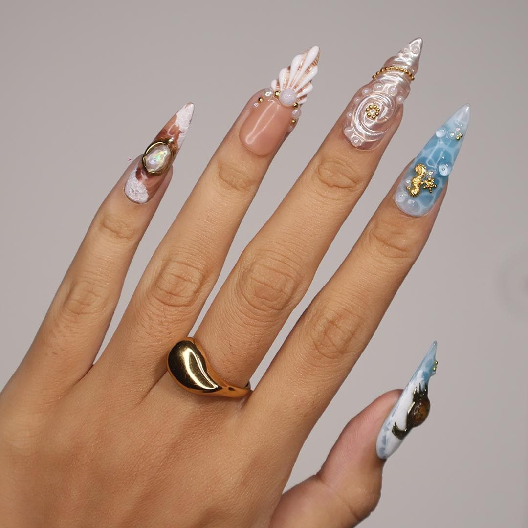 Summer Press on Nail with 3D Turtle & Starfish | Ocean Inspired Fake Nail in Long Almond | Handmade Nail Art for Holiday, Vacation, Birthday