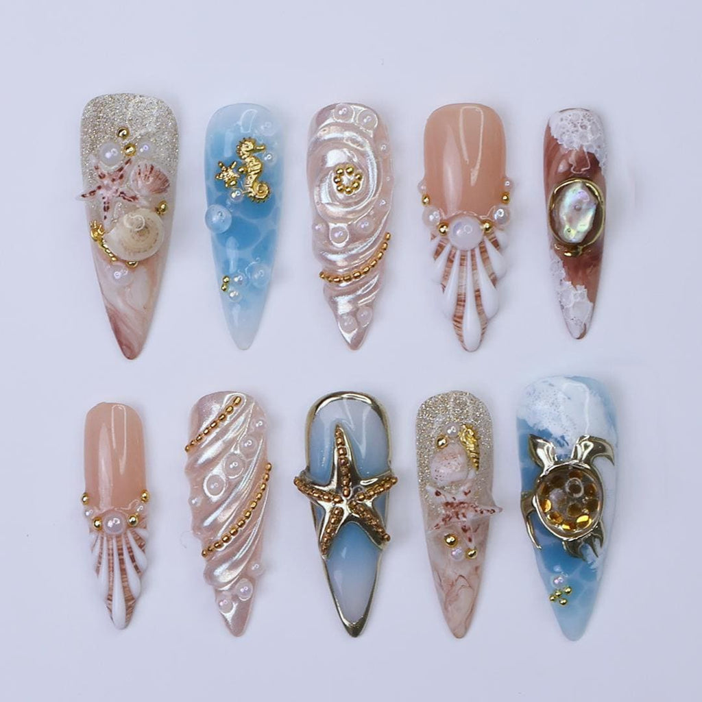 Summer Press on Nail with 3D Turtle & Starfish | Ocean Inspired Fake Nail in Long Almond | Handmade Nail Art for Holiday, Vacation, Birthday