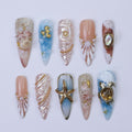 Summer Press on Nail with 3D Turtle & Starfish | Ocean Inspired Fake Nail in Long Almond | Handmade Nail Art for Holiday, Vacation, Birthday