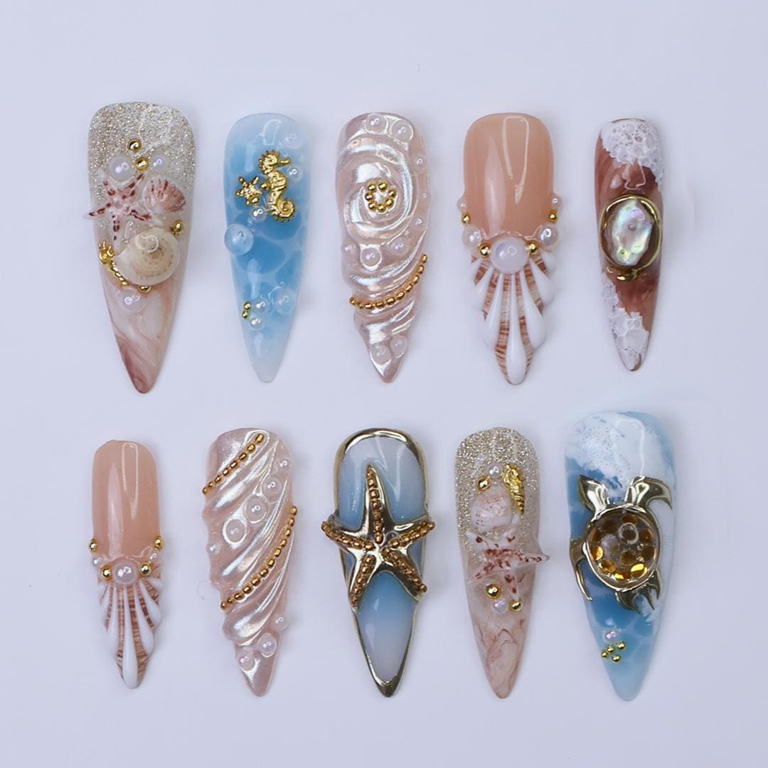 Summer Press on Nail with 3D Turtle & Starfish | Ocean Inspired Fake Nail in Long Almond | Handmade Nail Art for Holiday, Vacation, Birthday