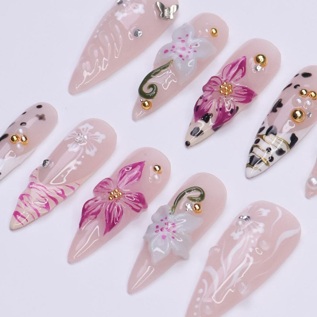 Summer Press on Nails with Orchid & Leopard | 3D Floral Fake Nail Arts in Long Almond | Handmade Nail Art for Holiday, Vacation, Birthday