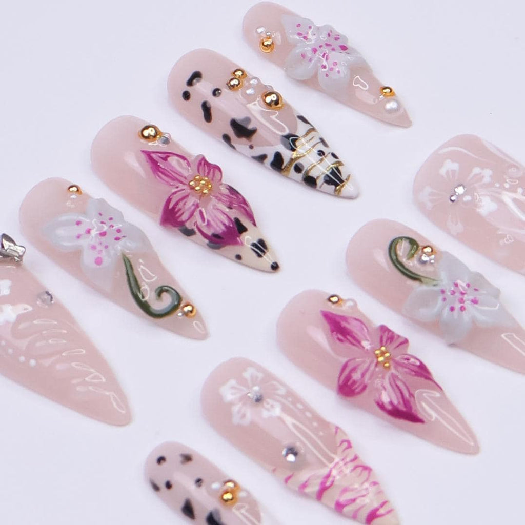 Summer Press on Nails with Orchid & Leopard | 3D Floral Fake Nail Arts in Long Almond | Handmade Nail Art for Holiday, Vacation, Birthday
