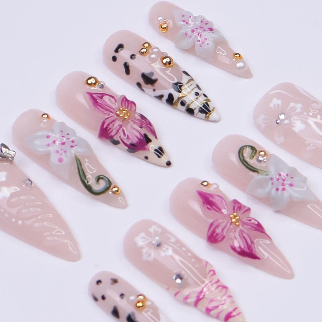 Summer Press on Nails with Orchid & Leopard | 3D Floral Fake Nail Arts in Long Almond | Handmade Nail Art for Holiday, Vacation, Birthday