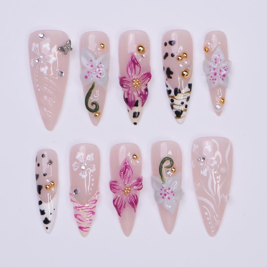 Summer Press on Nails with Orchid & Leopard | 3D Floral Fake Nail Arts in Long Almond | Handmade Nail Art for Holiday, Vacation, Birthday