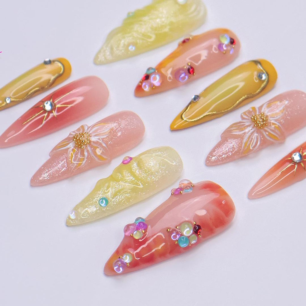 Summer Press On Nails with 3D Floral and Jelly Accents, Long Almond Tropical Nails in Yellow, Coral & Orange Tones for Vacation Vibes