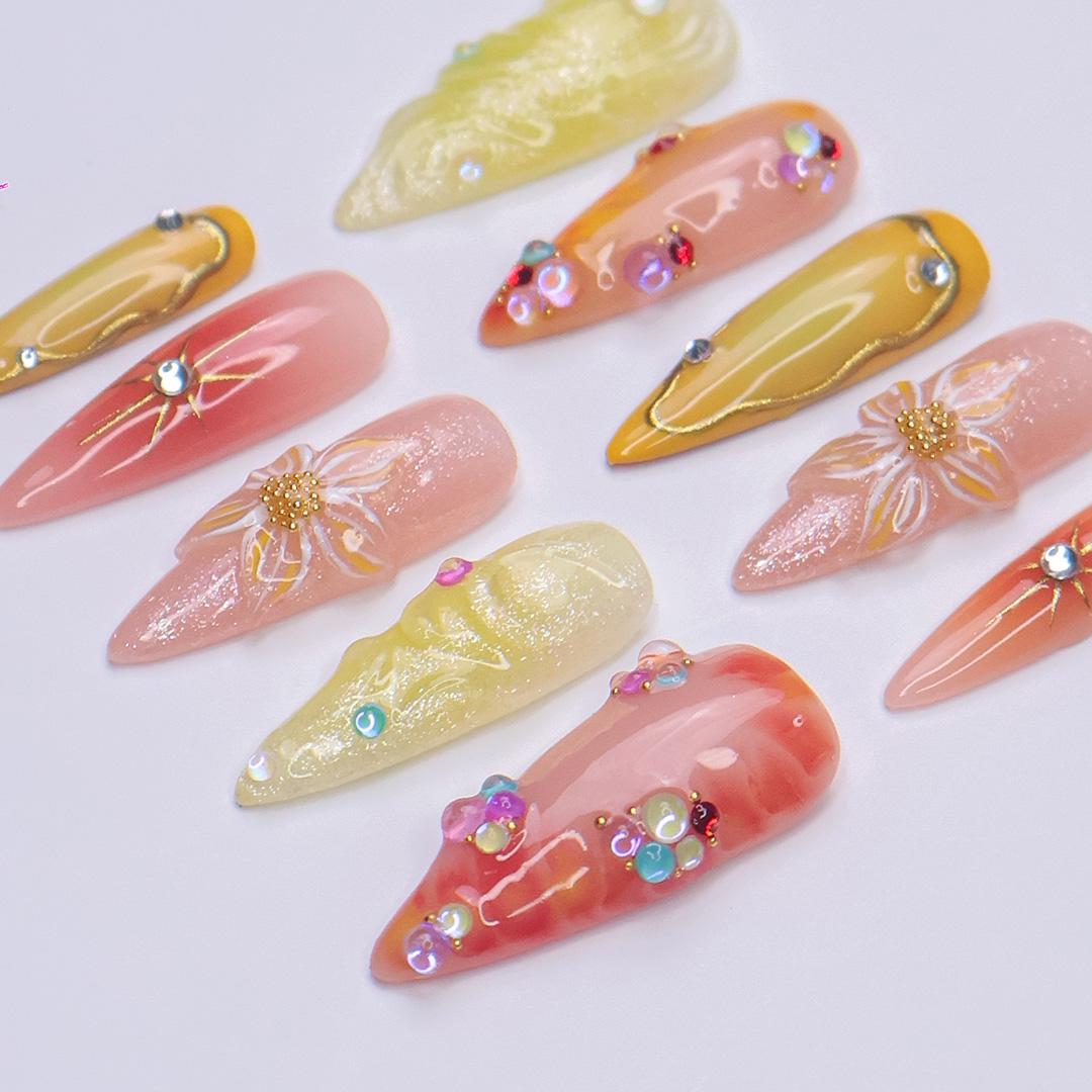 Summer Press On Nails with 3D Floral and Jelly Accents, Long Almond Tropical Nails in Yellow, Coral & Orange Tones for Vacation Vibes