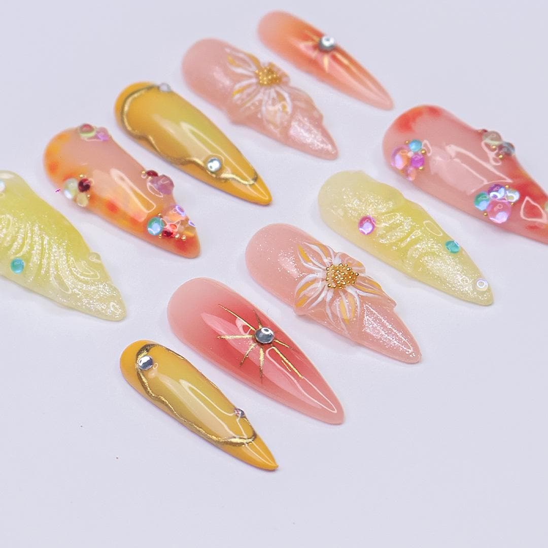Summer Press On Nails with 3D Floral and Jelly Accents, Long Almond Tropical Nails in Yellow, Coral & Orange Tones for Vacation Vibes