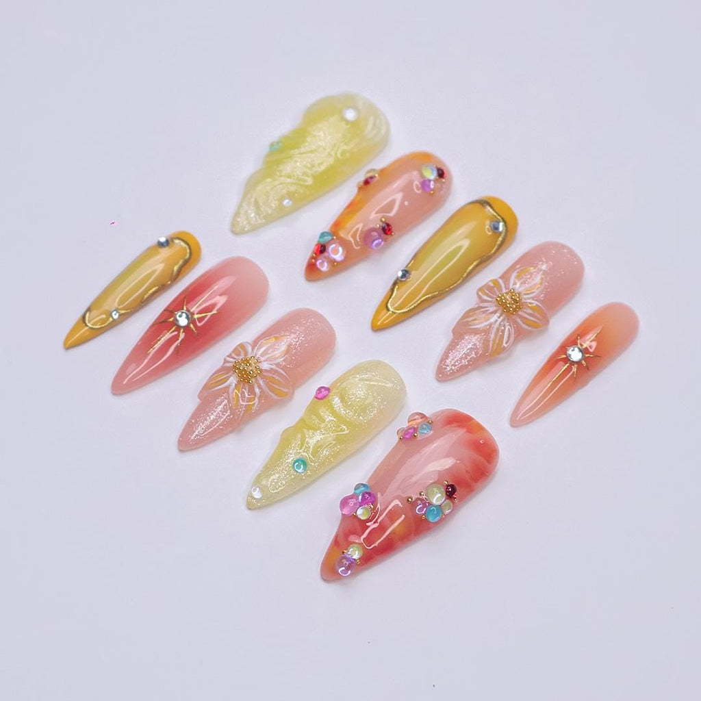 Summer Press On Nails with 3D Floral and Jelly Accents, Long Almond Tropical Nails in Yellow, Coral & Orange Tones for Vacation Vibes