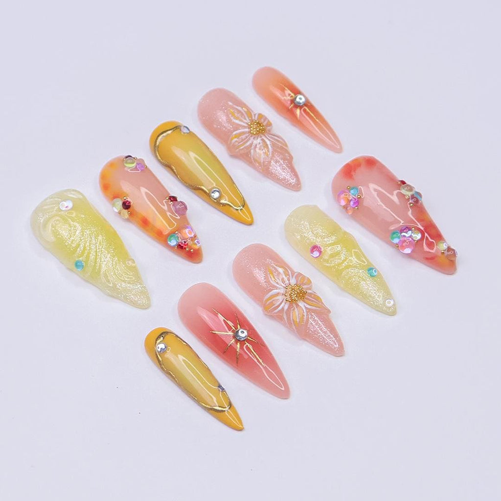 Summer Press On Nails with 3D Floral and Jelly Accents, Long Almond Tropical Nails in Yellow, Coral & Orange Tones for Vacation Vibes
