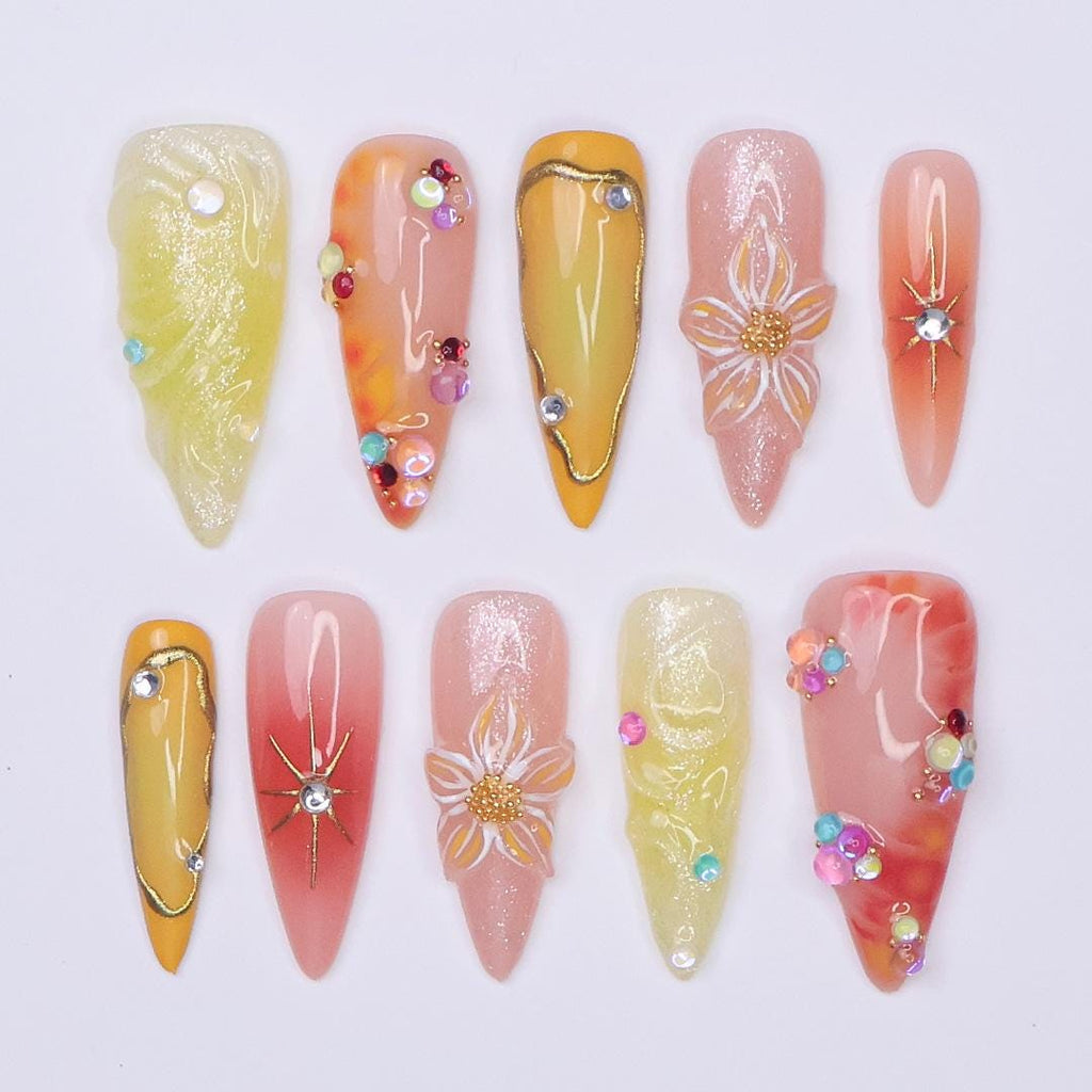 Summer Press On Nails with 3D Floral and Jelly Accents, Long Almond Tropical Nails in Yellow, Coral & Orange Tones for Vacation Vibes