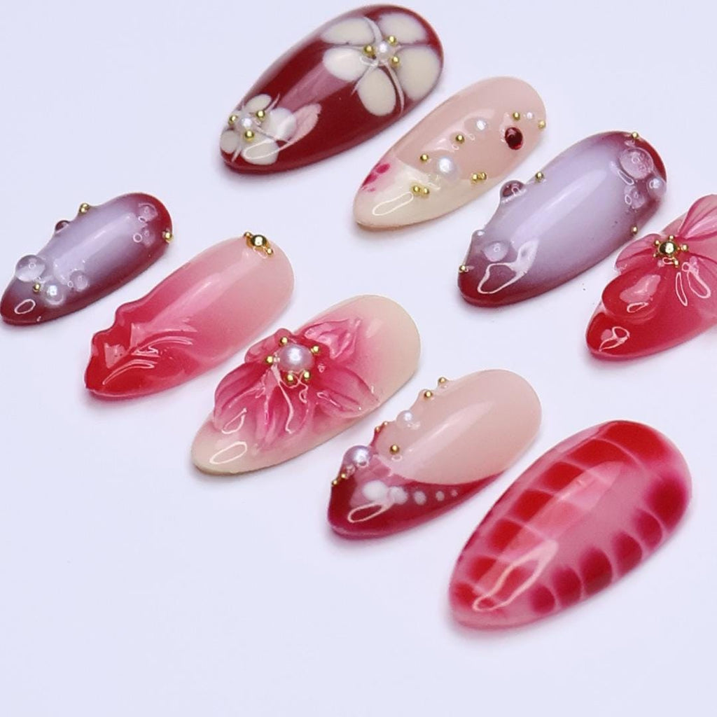 Romantic Press On Nails with 3D Floral and Pearl Accents | Medium Almond Red & Blush Pink Nails for Date Night, Wedding or Special Events