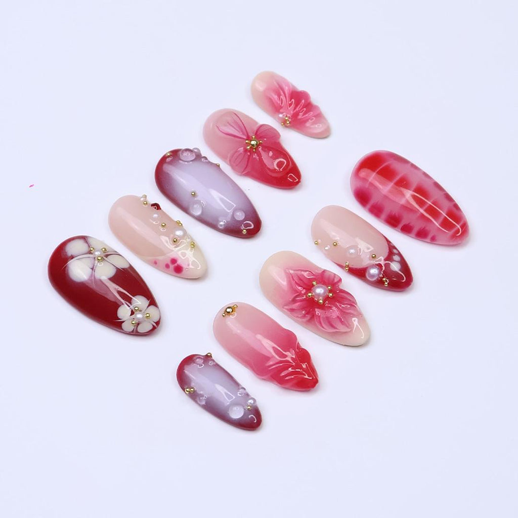Romantic Press On Nails with 3D Floral and Pearl Accents | Medium Almond Red & Blush Pink Nails for Date Night, Wedding or Special Events
