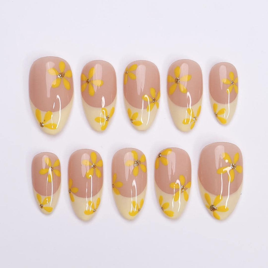 Minimal Press on Nail Yellow Daisy with French Tip | Everyday Fake Nails in Short Almond | Handmade Nail Art for Holiday, Vacation, Birthday