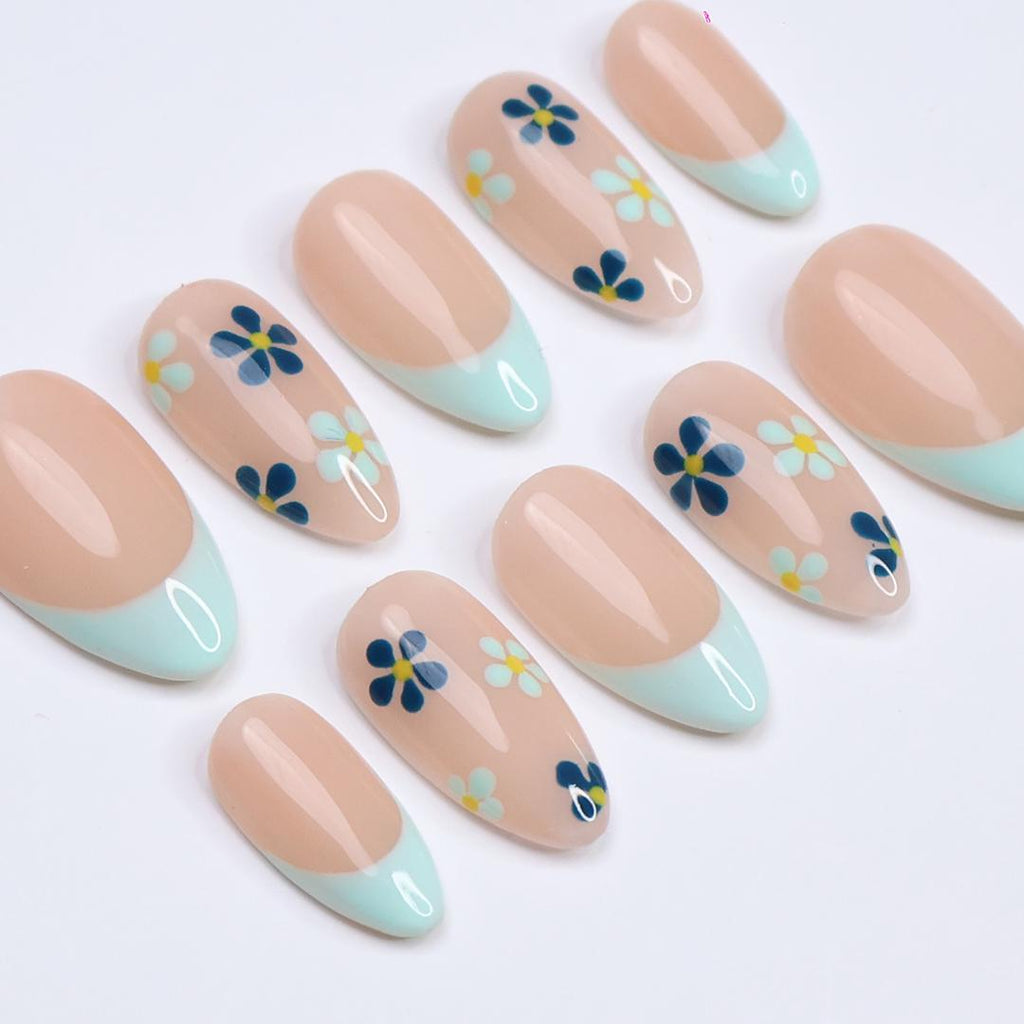 Minimal Press on Nails Blue Floral with Mint French Tip | Everyday Fake Nail Arts in Short Almond | Handmade Nail Art for Holiday, Birthday
