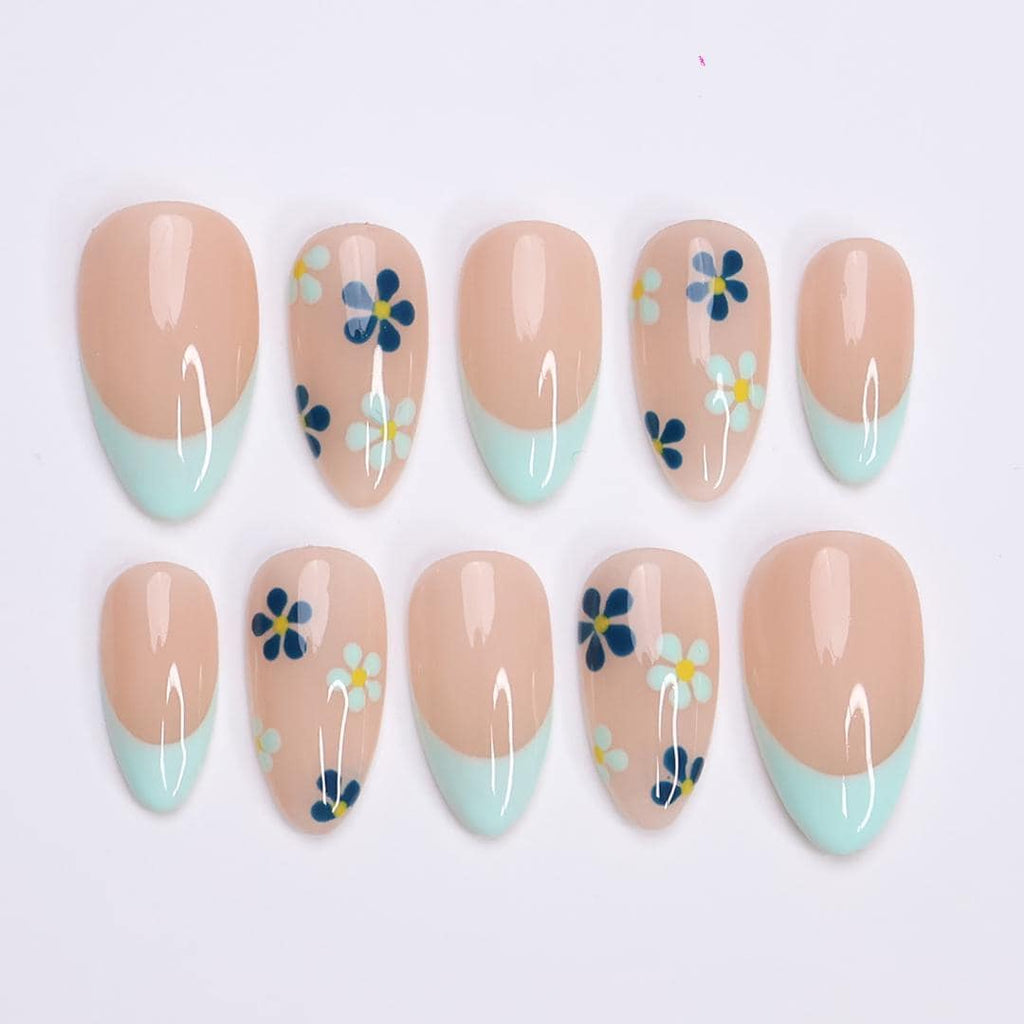 Minimal Press on Nails Blue Floral with Mint French Tip | Everyday Fake Nail Arts in Short Almond | Handmade Nail Art for Holiday, Birthday