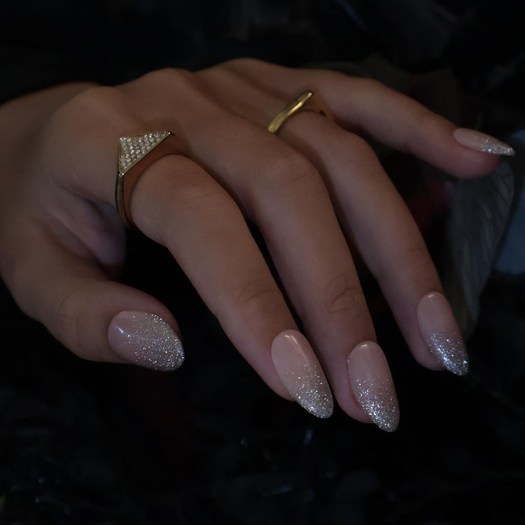Minimal Press on Nails Gold Glitter Ombre | Everyday Fake Nail Arts in Short Almond | Handmade Nail Art for Holiday, Vacation, Birthday