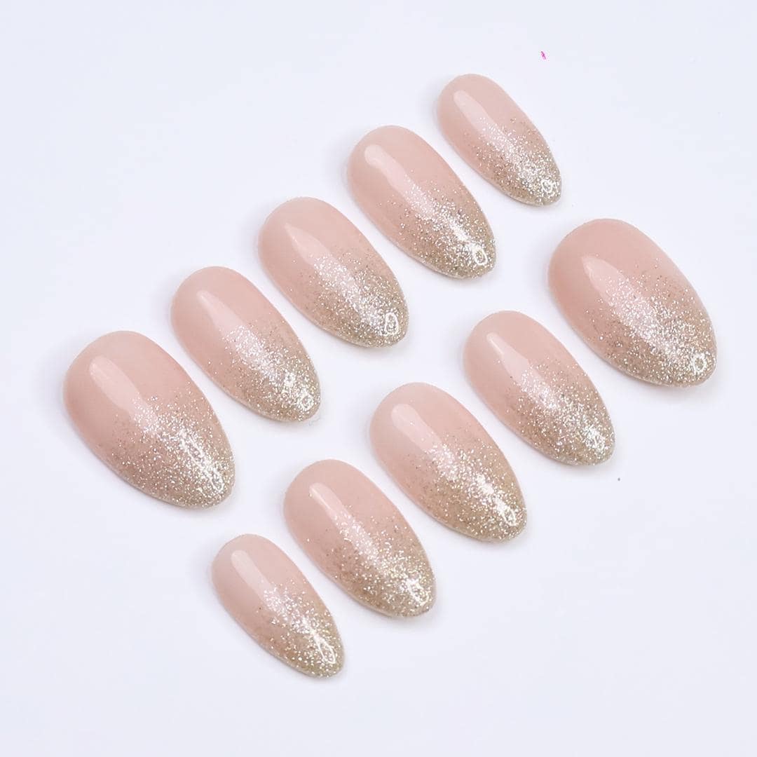 Minimal Press on Nails Gold Glitter Ombre | Everyday Fake Nail Arts in Short Almond | Handmade Nail Art for Holiday, Vacation, Birthday