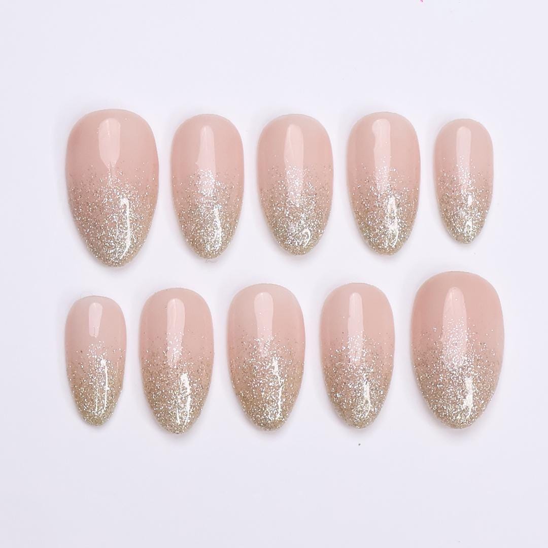 Minimal Press on Nails Gold Glitter Ombre | Everyday Fake Nail Arts in Short Almond | Handmade Nail Art for Holiday, Vacation, Birthday