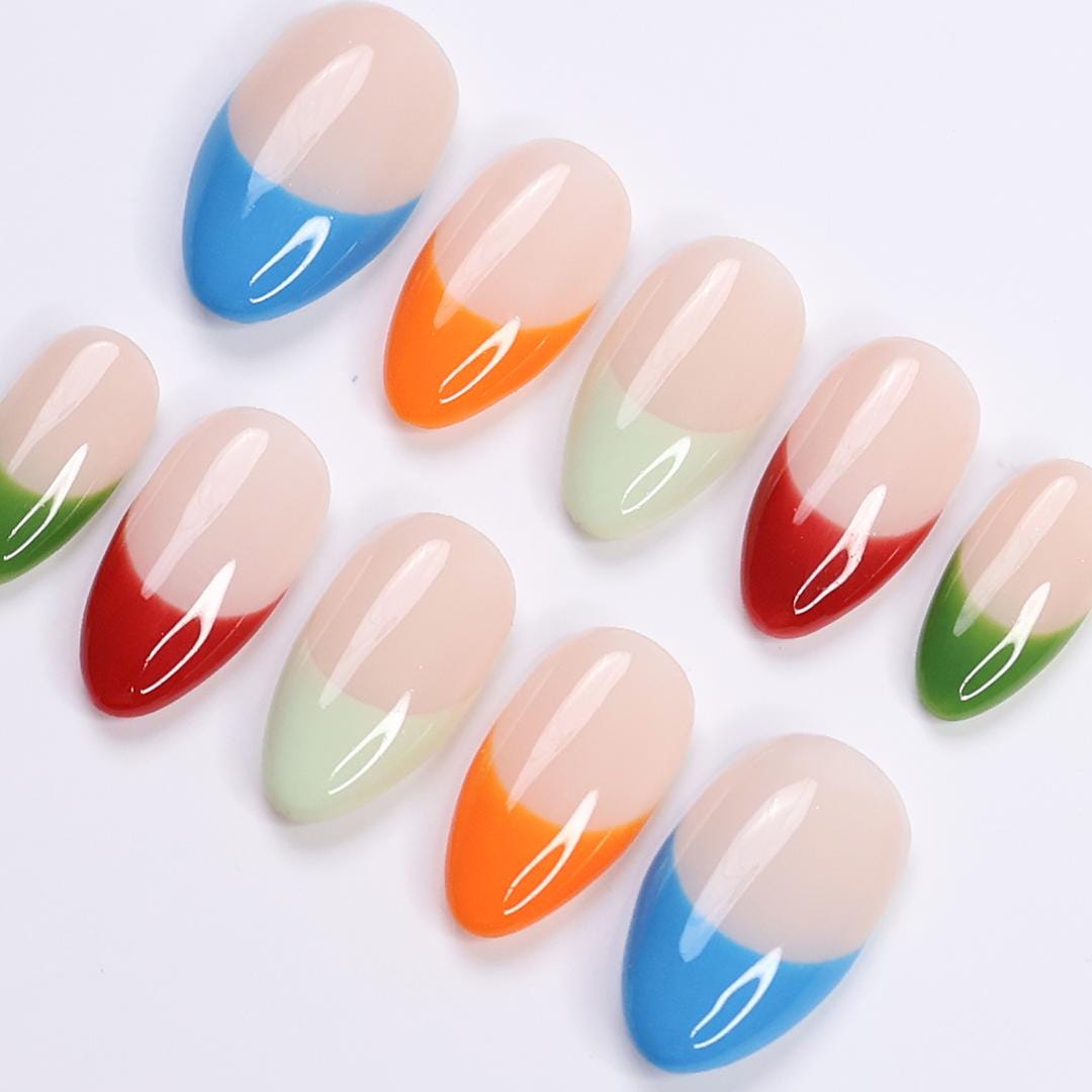 Minimal Press on Nails Colorful French Tips | Everyday Fake Nail Arts in Short Almond | Handmade Nail Art for Holiday, Vacation, Birthday