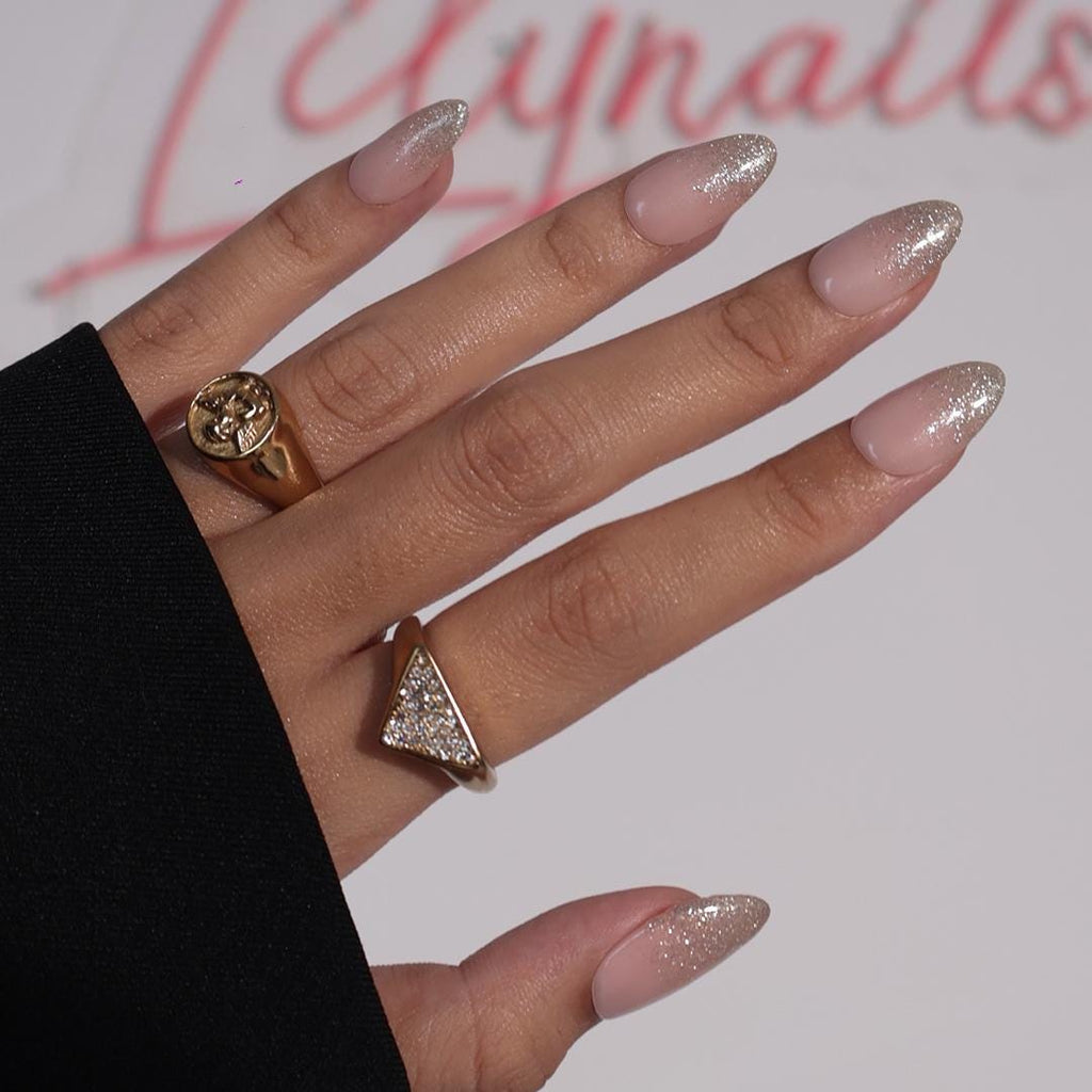 Minimal Press on Nails Gold Glitter Ombre | Everyday Fake Nail Arts in Short Almond | Handmade Nail Art for Holiday, Vacation, Birthday