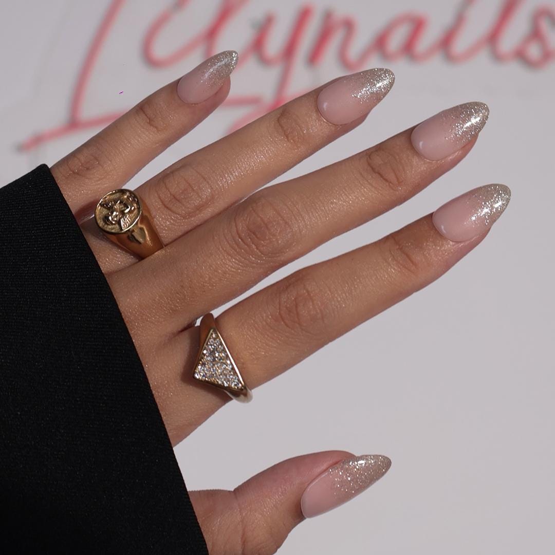 Minimal Press on Nails Gold Glitter Ombre | Everyday Fake Nail Arts in Short Almond | Handmade Nail Art for Holiday, Vacation, Birthday