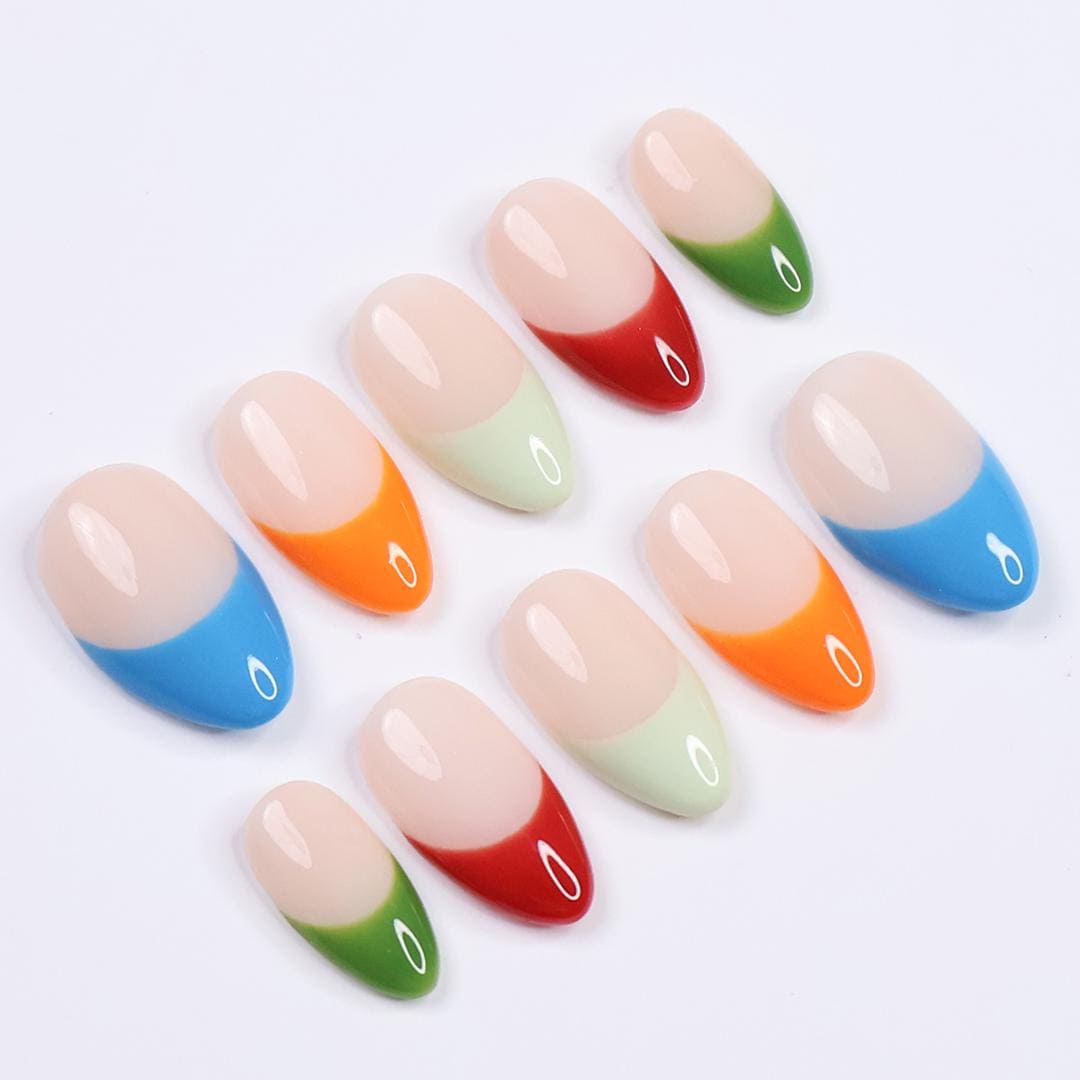 Minimal Press on Nails Colorful French Tips | Everyday Fake Nail Arts in Short Almond | Handmade Nail Art for Holiday, Vacation, Birthday