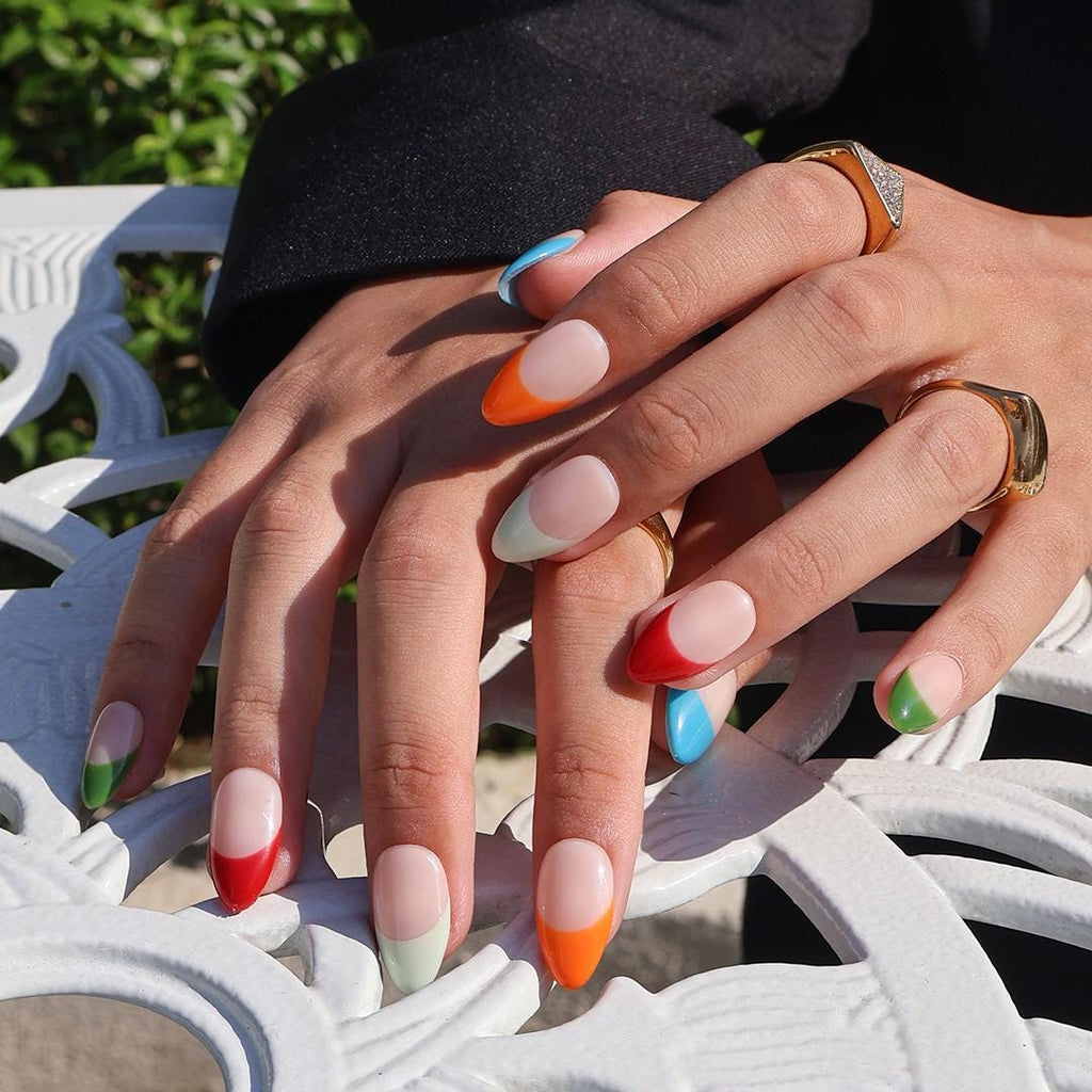 Minimal Press on Nails Colorful French Tips | Everyday Fake Nail Arts in Short Almond | Handmade Nail Art for Holiday, Vacation, Birthday