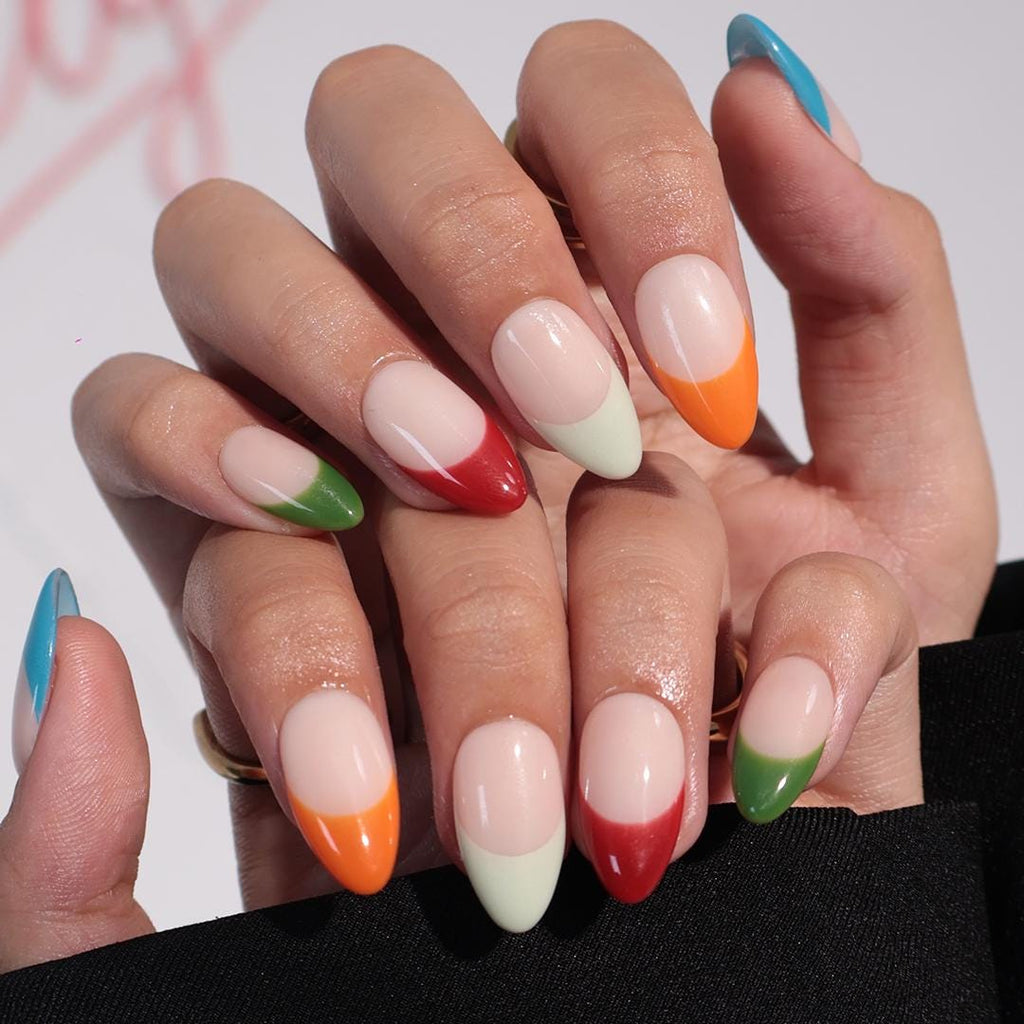 Minimal Press on Nails Colorful French Tips | Everyday Fake Nail Arts in Short Almond | Handmade Nail Art for Holiday, Vacation, Birthday