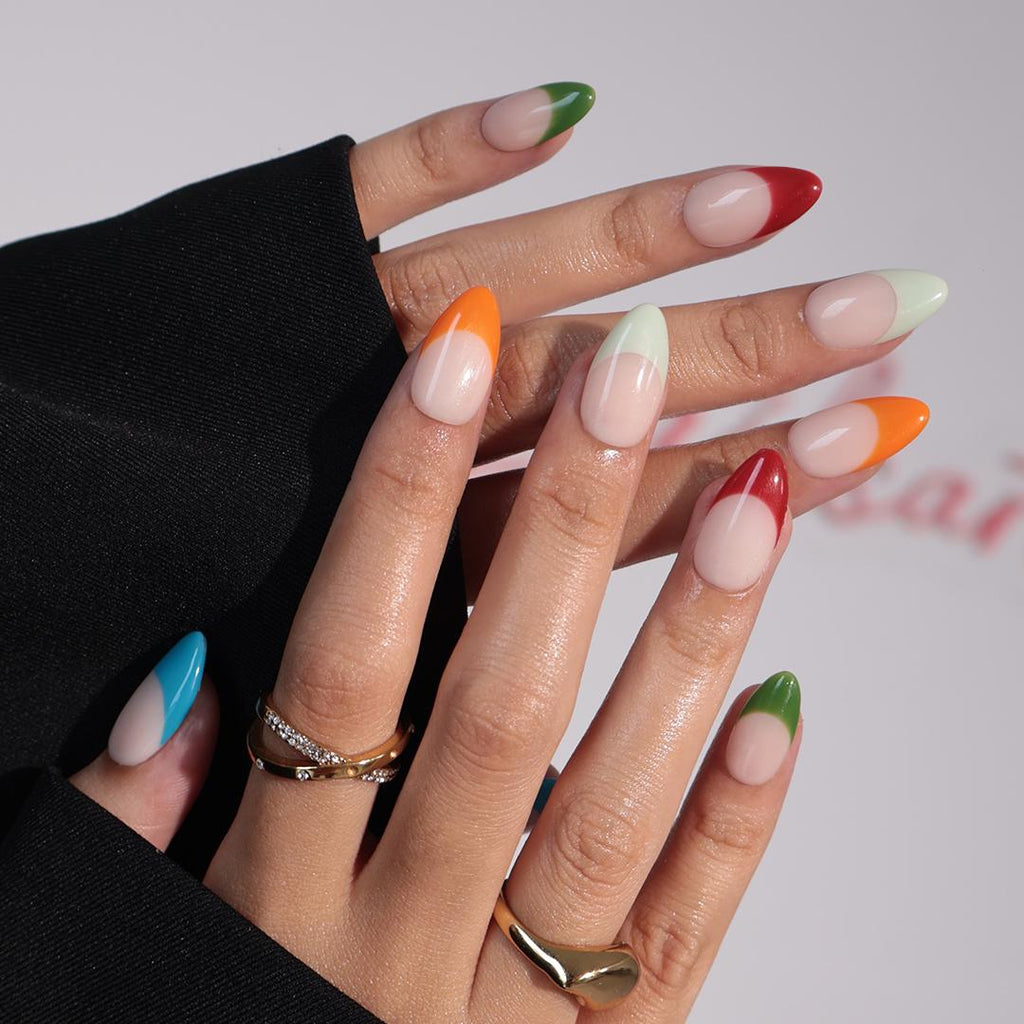 Minimal Press on Nails Colorful French Tips | Everyday Fake Nail Arts in Short Almond | Handmade Nail Art for Holiday, Vacation, Birthday