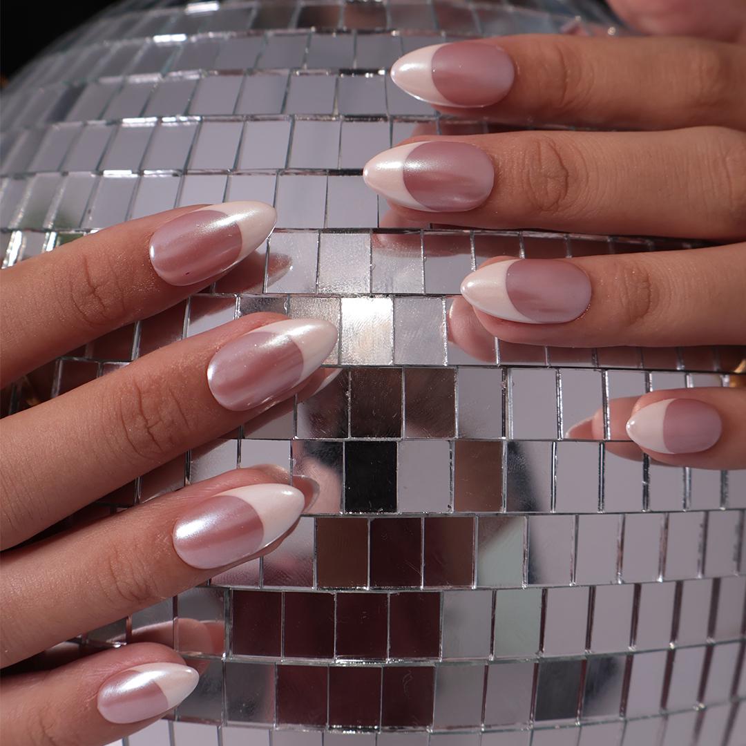 Minimal Press on Nails Pearl Shine with White French Tip | Everyday Fake Nail Arts in Short Almond | Handmade Nail Art for Holiday, Birthday